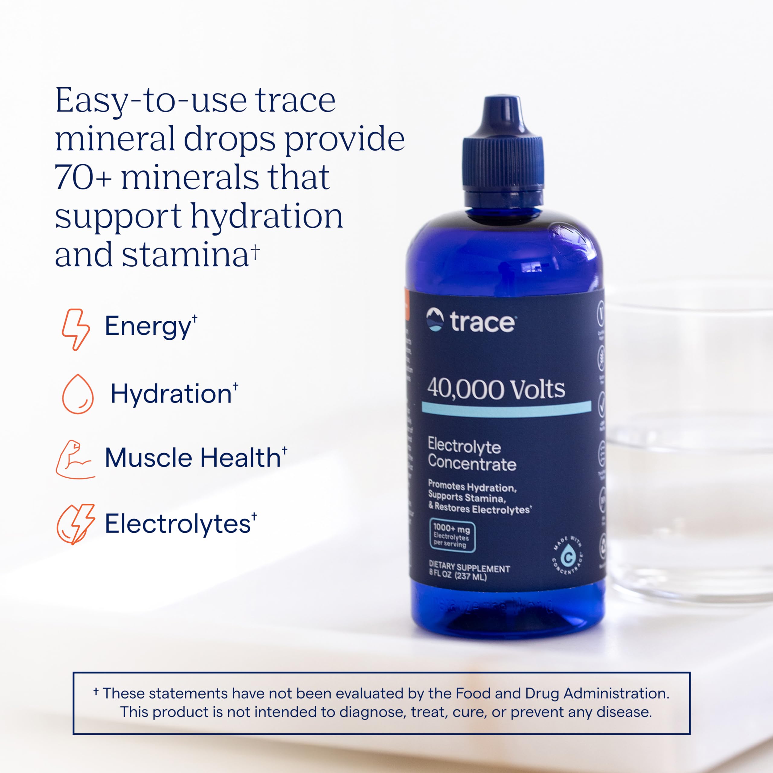 Trace Minerals 40,000 Volts glass and bottle shown for easy hydration on active days