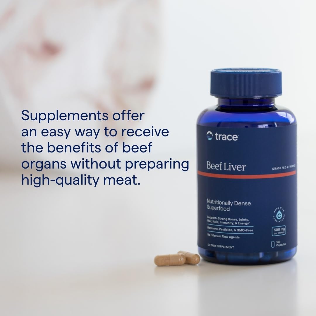 Trace Minerals Beef Liver capsules shown with serving spoon for easy daily use.