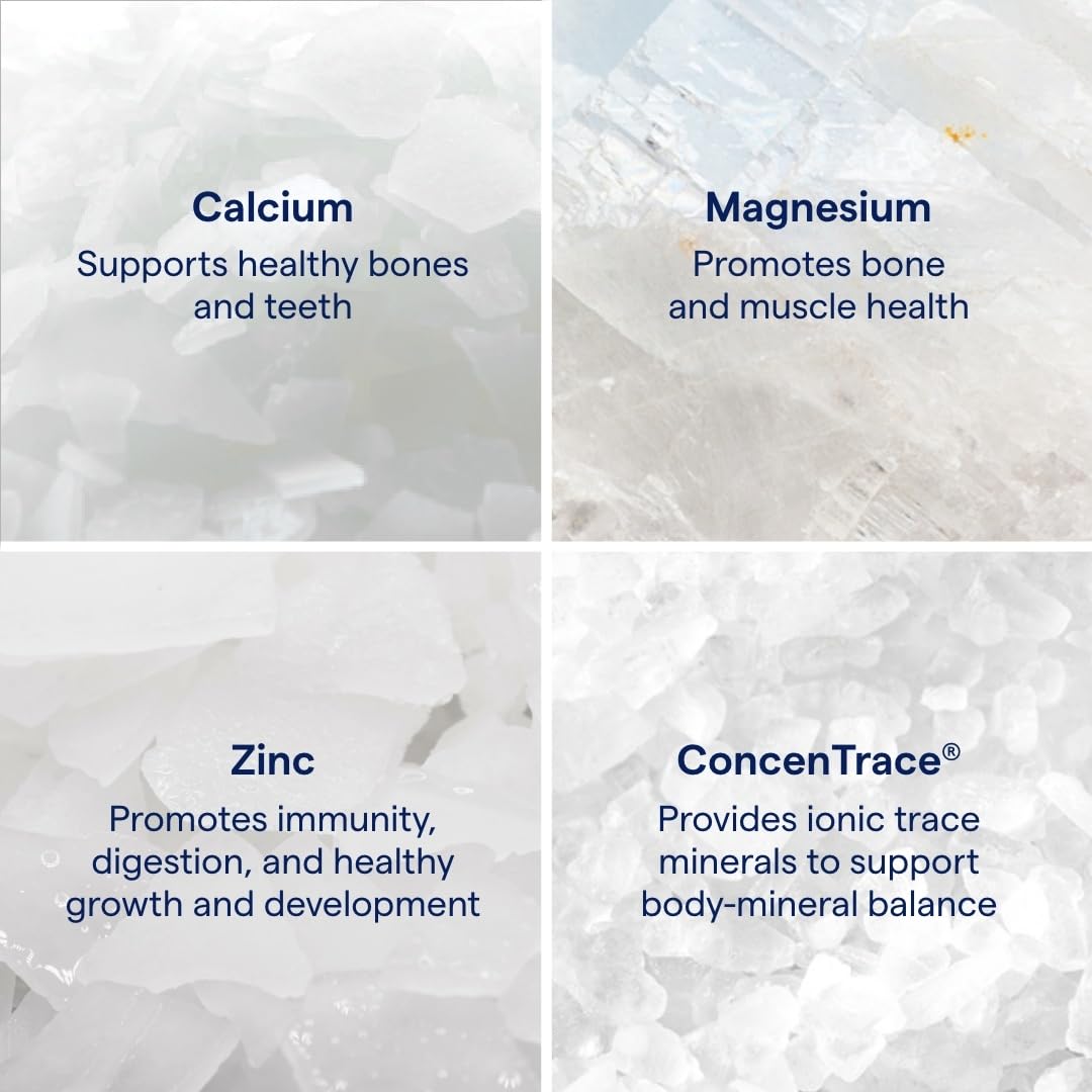Trace Minerals Cal/Mag/Zinc bottle pour demonstrates easy daily dosing for balanced minerals.