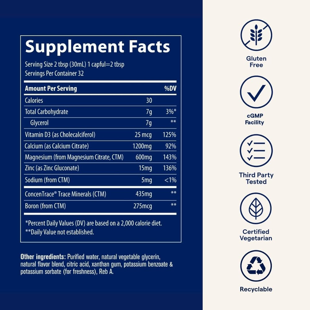 Trace Minerals Cal/Mag/Zinc glass dilution shows how to mix into beverages.