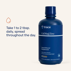 Trace Minerals Cal/Mag/Zinc label closeup emphasizes gluten-free, clean daily addition.