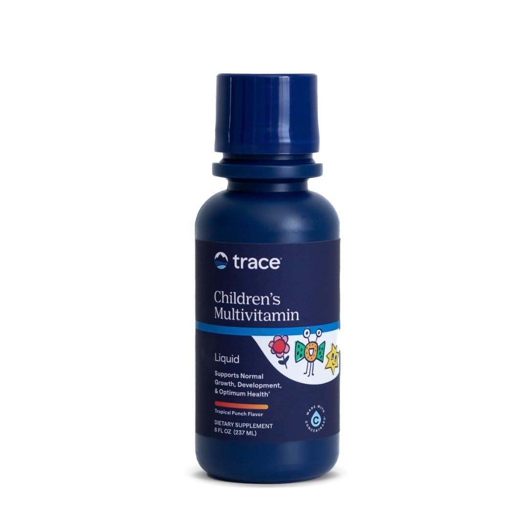 Trace Minerals Children's Multivitamin bottle being poured for easy daily dosing