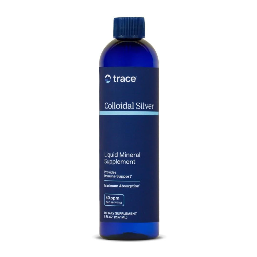 Trace Minerals Colloidal Silver bottle pour demonstrates high-potency formula for daily wellness.
