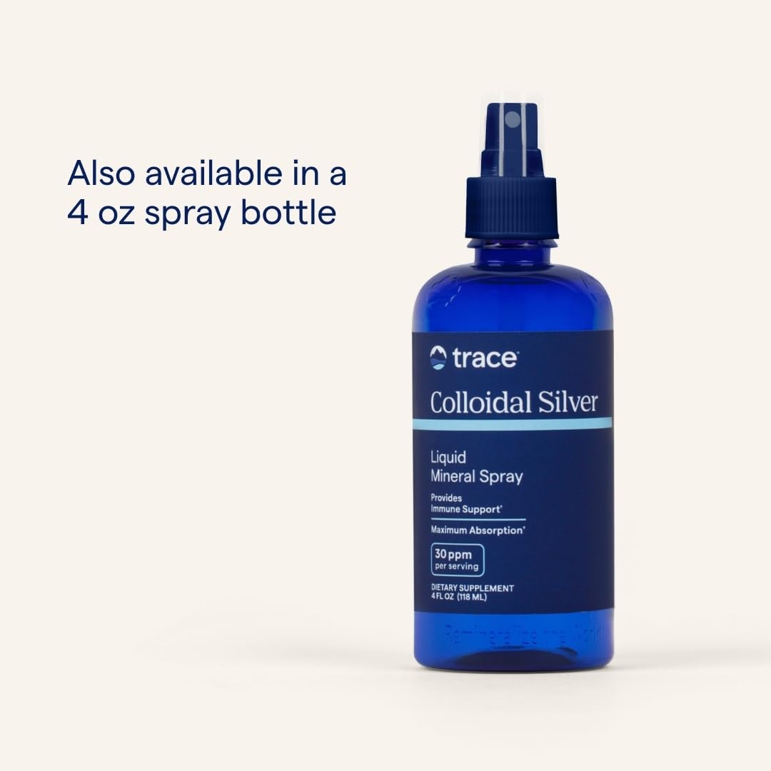 Trace Minerals Colloidal Silver glass bottle on a bright counter