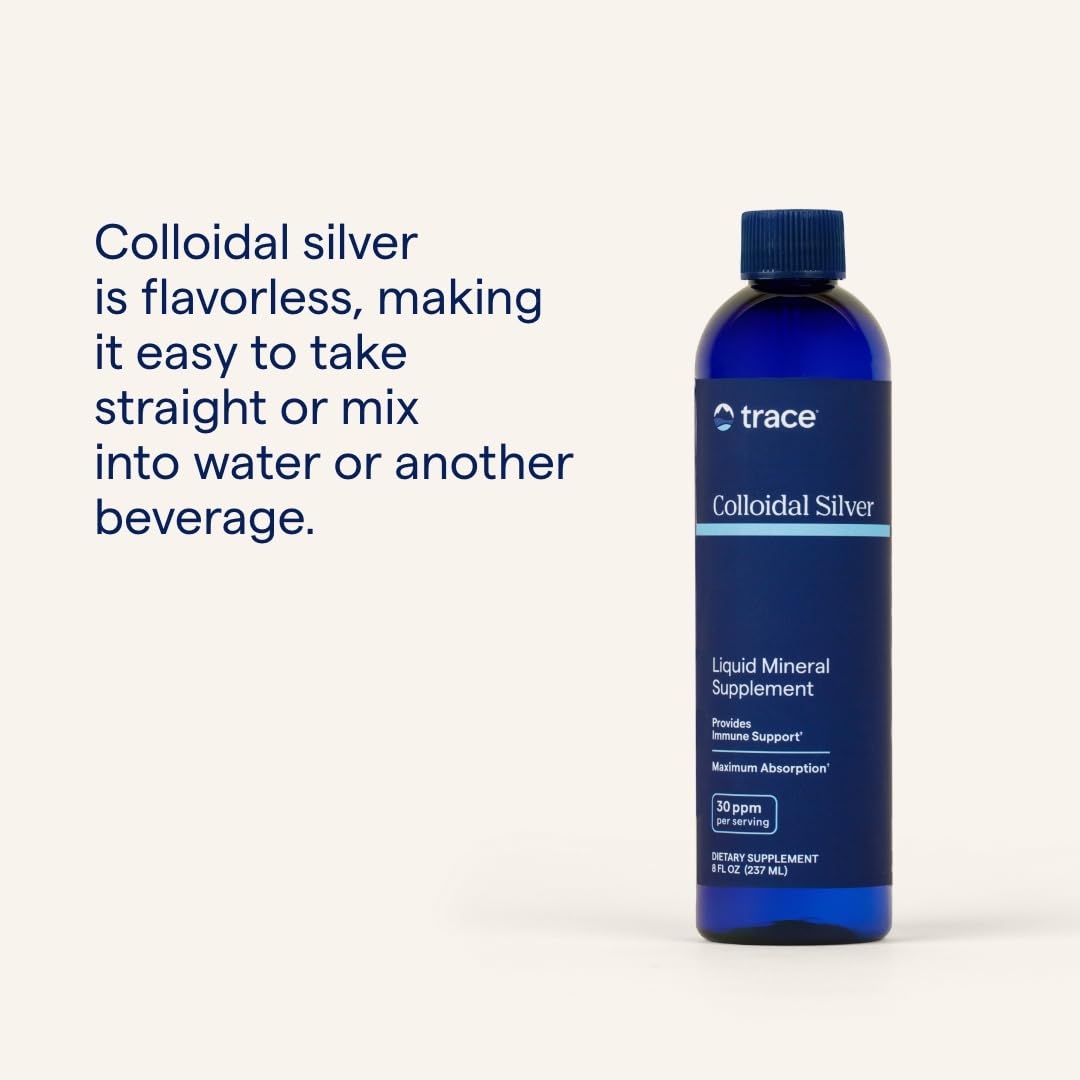 Trace Minerals Colloidal Silver label detail shows gluten-free vegan formula.