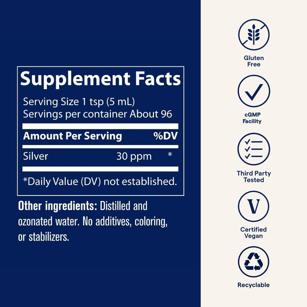 Trace Minerals Colloidal Silver packaging indicates vegan and gluten-free options