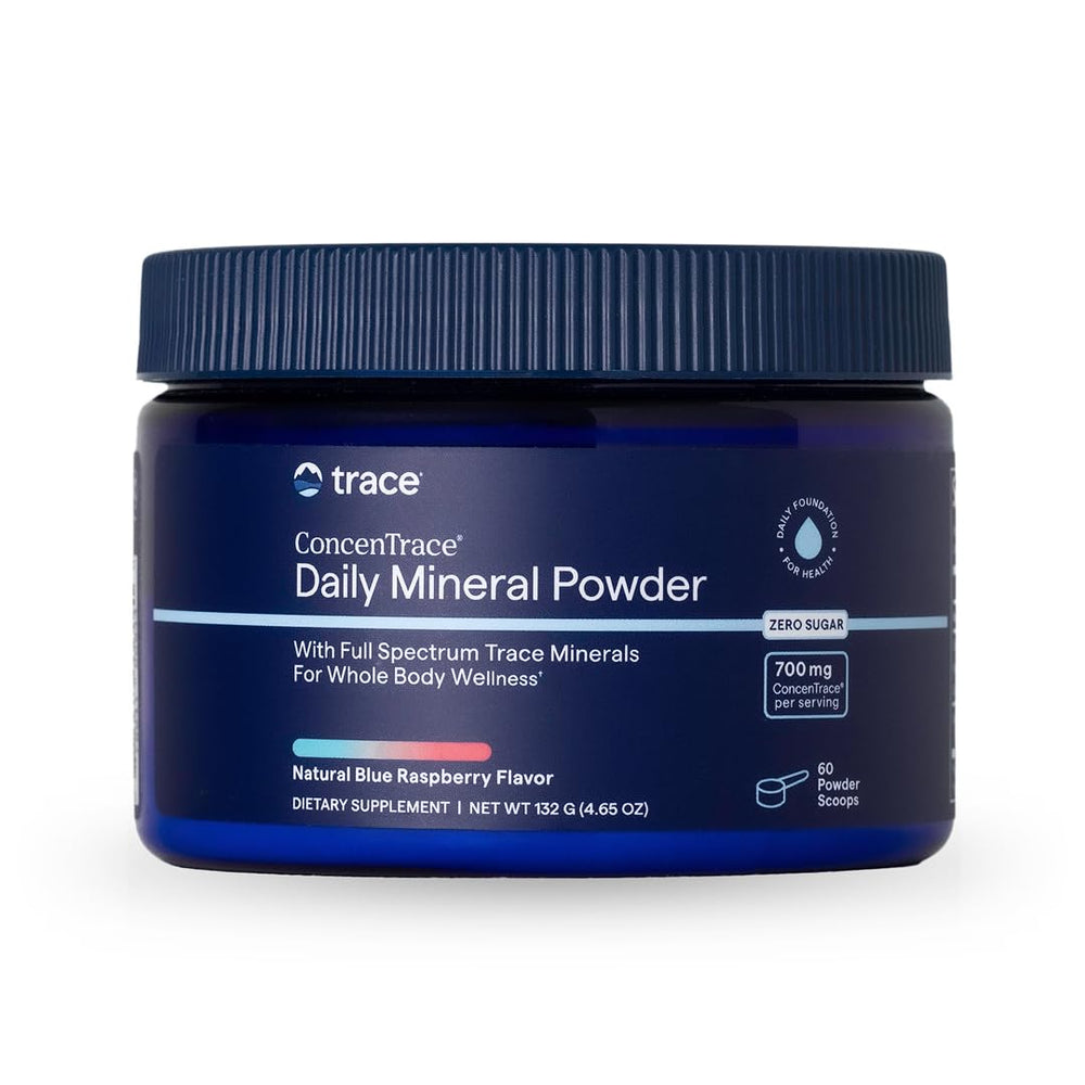 Trace Minerals ConcenTrace daily mineral powder bottle closeup showing mineral-rich formula for hydration