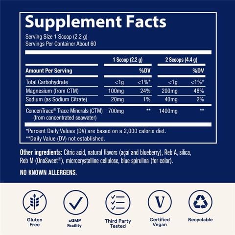 Trace Minerals ConcenTrace Daily Mineral Powder bottle and label on a clean kitchen counter.