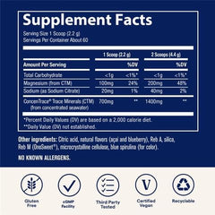 Trace Minerals ConcenTrace Daily Mineral Powder bottle and label on a clean kitchen counter.