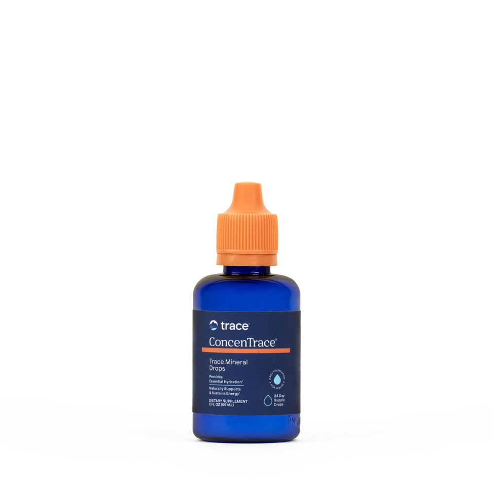 Trace Minerals ConcenTrace Drops bottle on shelf emphasizing 70+ minerals for hydration