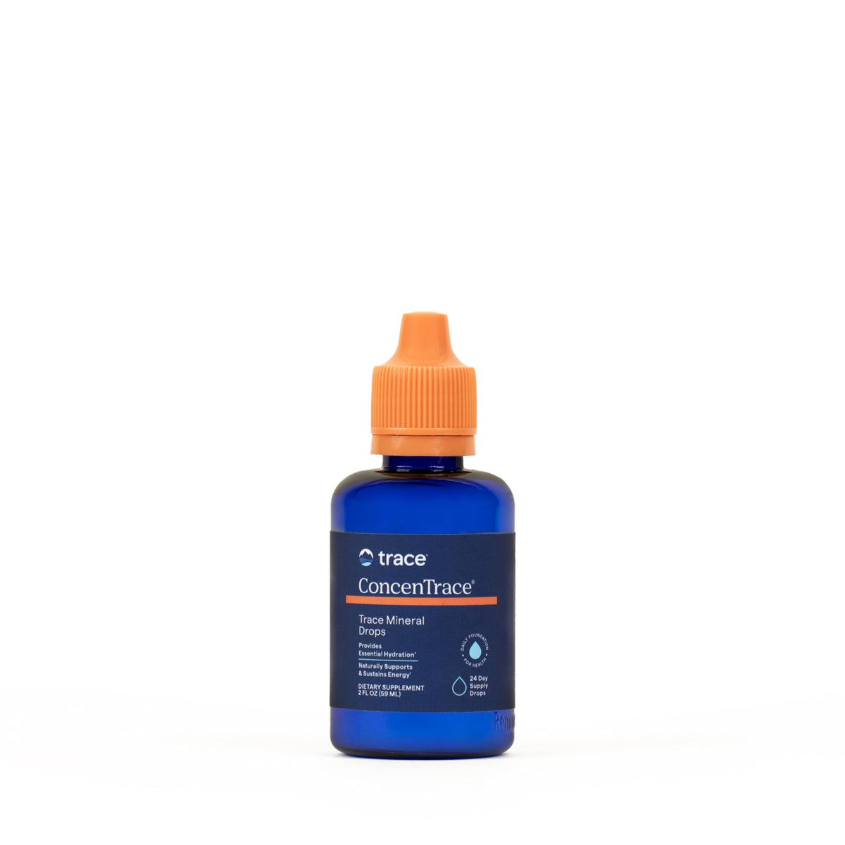 Trace Minerals ConcenTrace Drops bottle on shelf emphasizing 70+ minerals for hydration