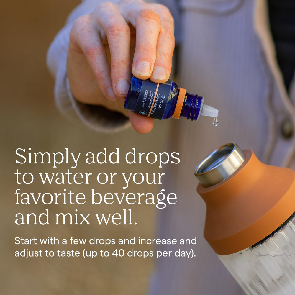 Glass with ConcenTrace Drops added to water for hydration