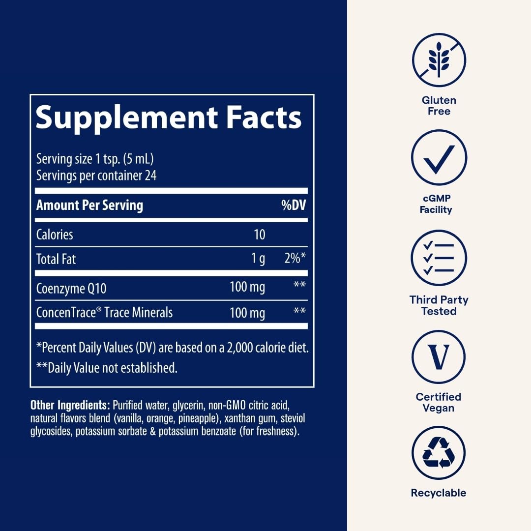 Trace Minerals CoQ10 Tangerine packaging highlights USA-sourced remineralization.