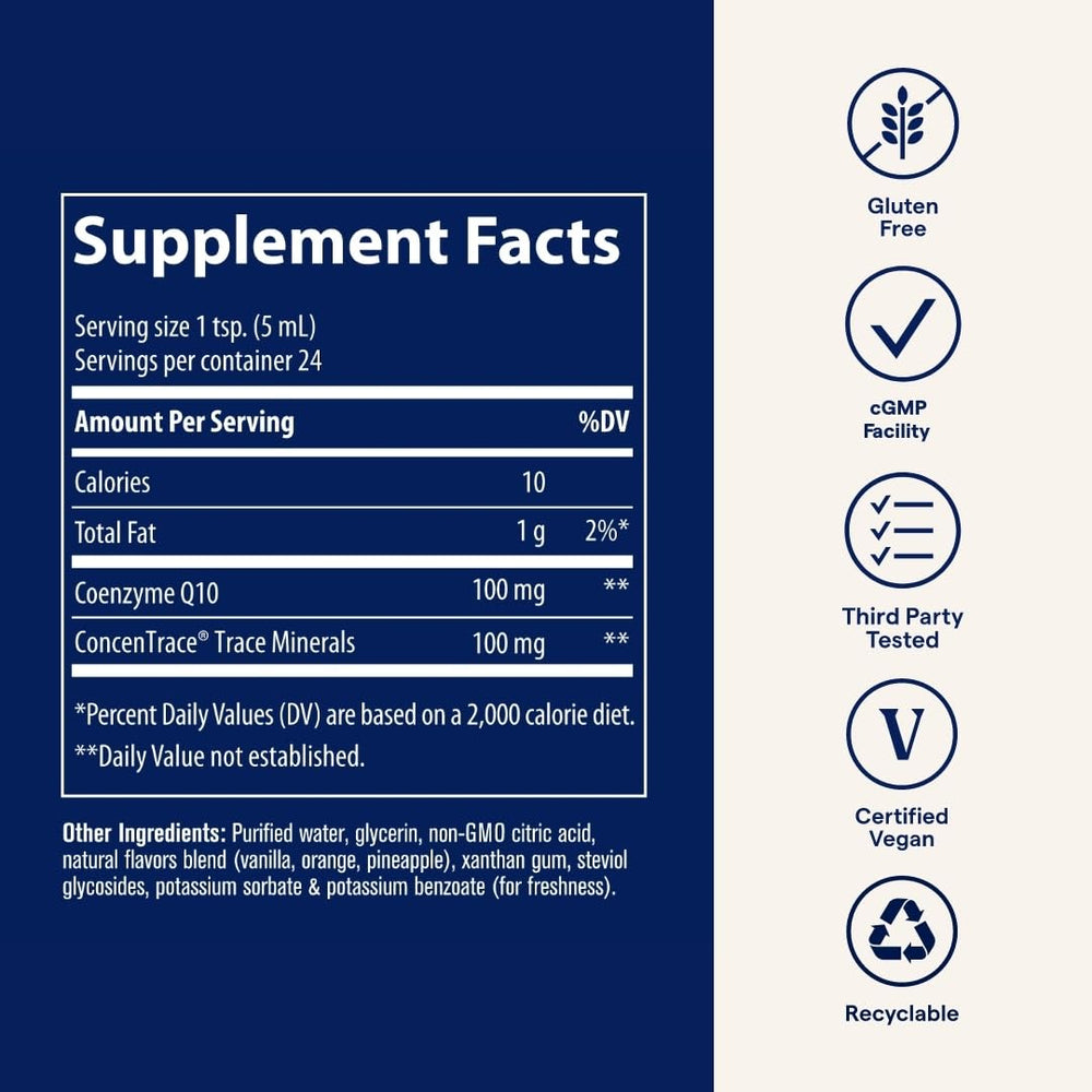 Trace Minerals CoQ10 Tangerine packaging highlights USA-sourced remineralization.