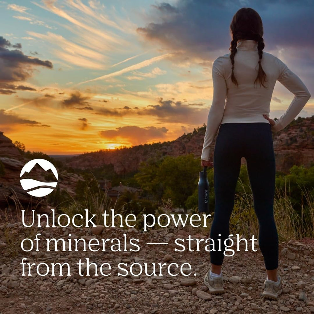 Trace Minerals Coral Calcium daily use shown with glass of water.