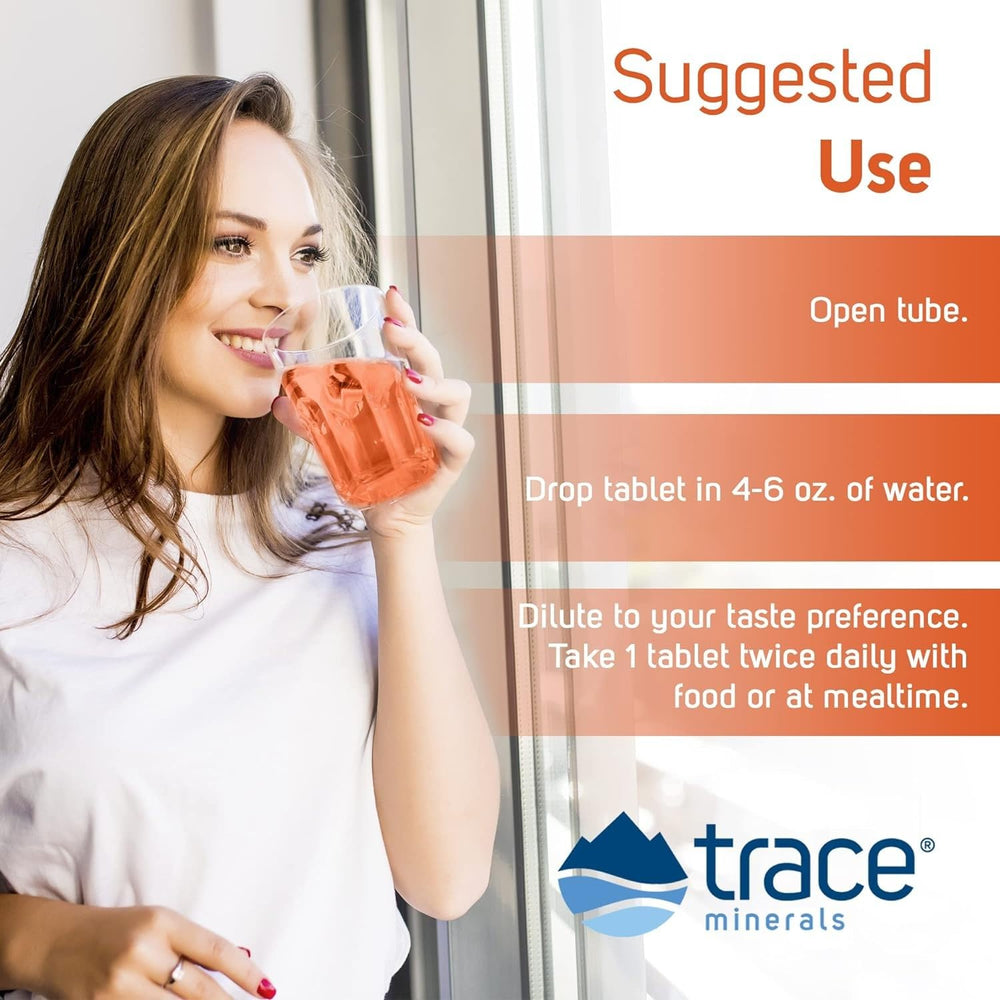 Trace Minerals dissolved tablet in water in a glass demonstrating quick mix and drinkability.