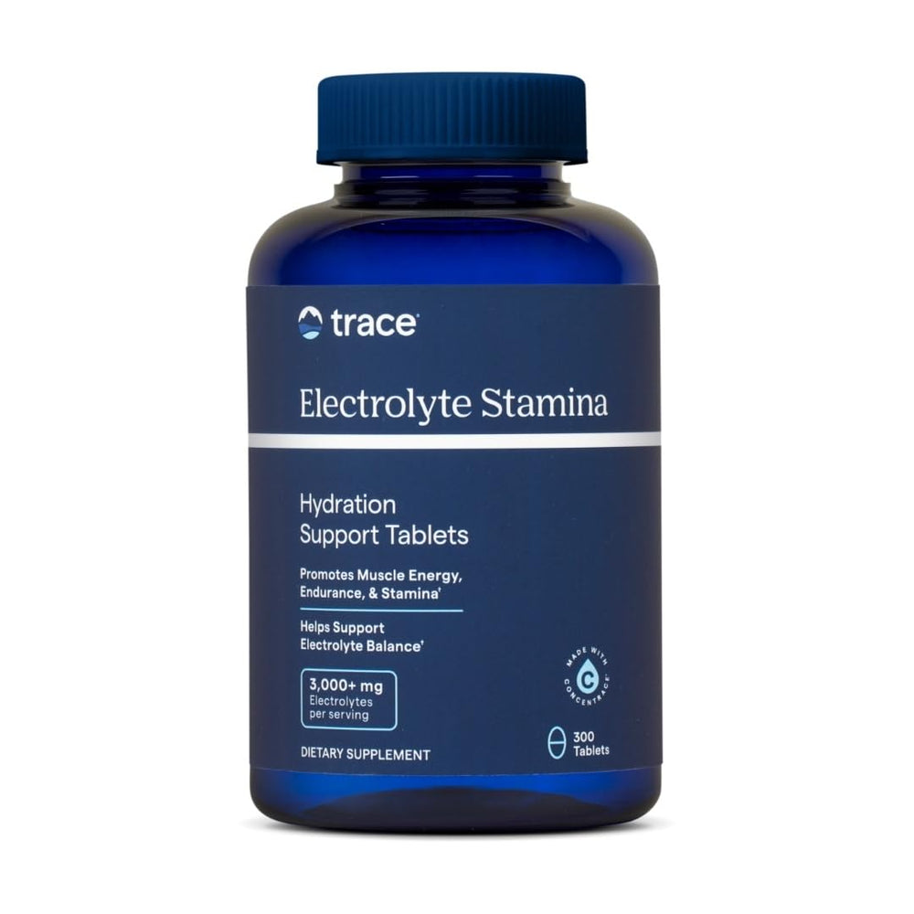 Trace Minerals Electrolyte Stamina bottle close-up for workout hydration.
