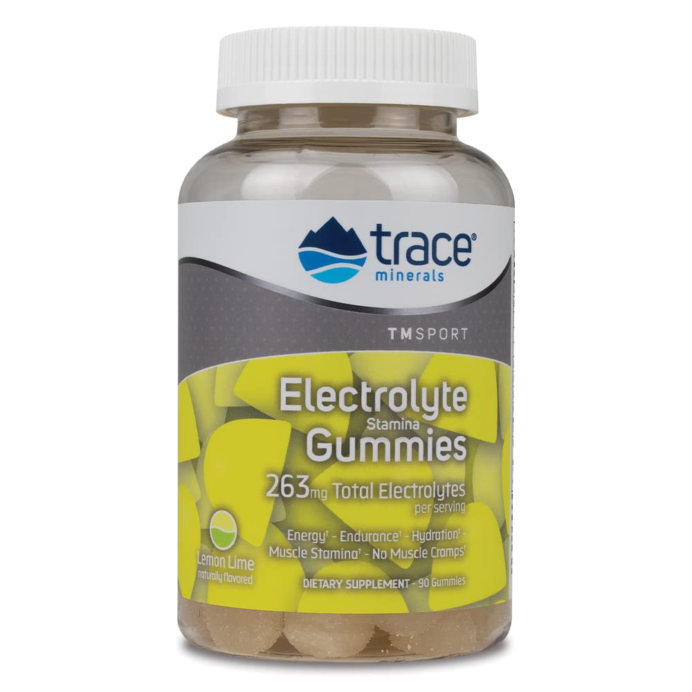 Trace Minerals Electrolyte Stamina Gummies bottle demonstrates convenient hydration support.