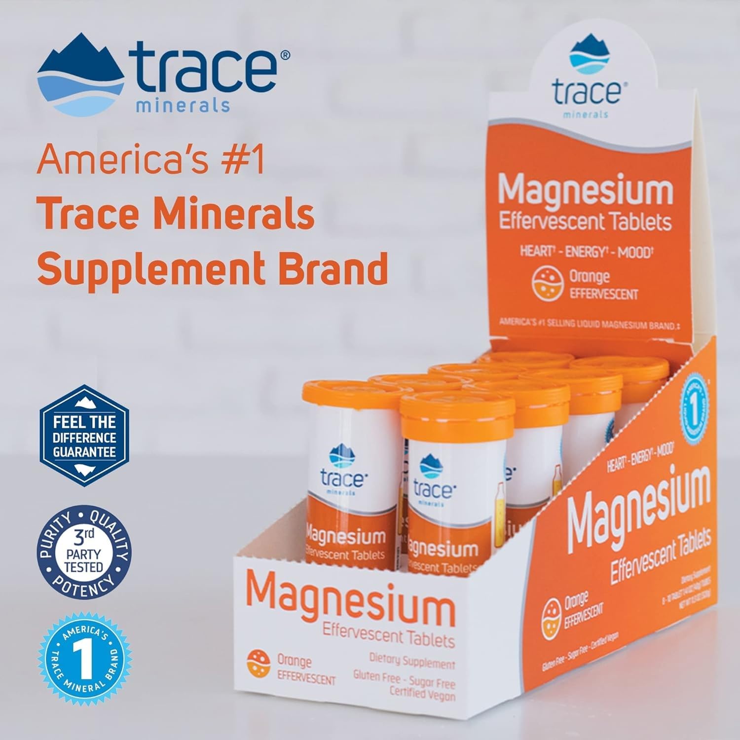 Trace Minerals magnesium effervescent drink suggesting energy support and mood balance.