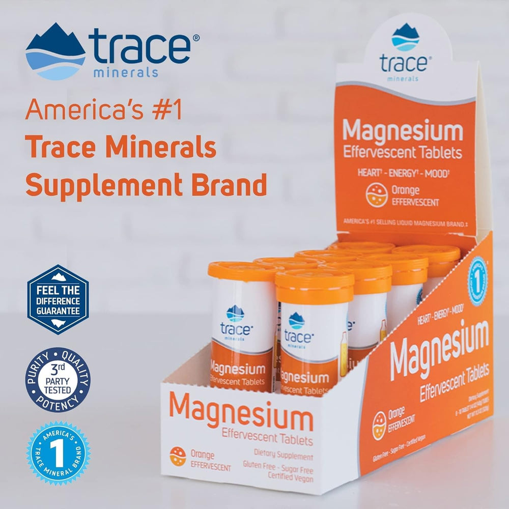 Trace Minerals magnesium effervescent drink suggesting energy support and mood balance.