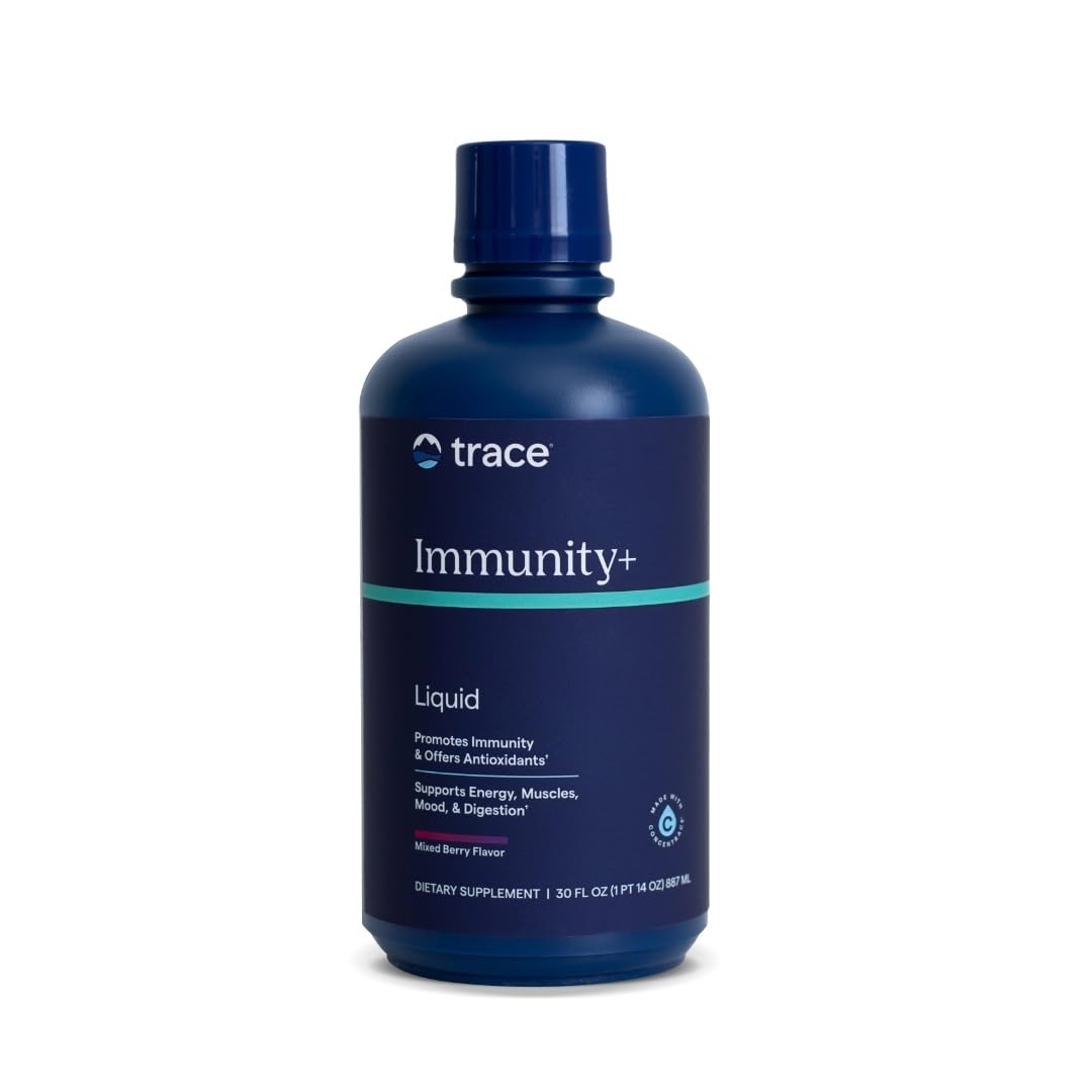 Trace Minerals Immunity+ bottle with pour spout for easy daily wellness support.
