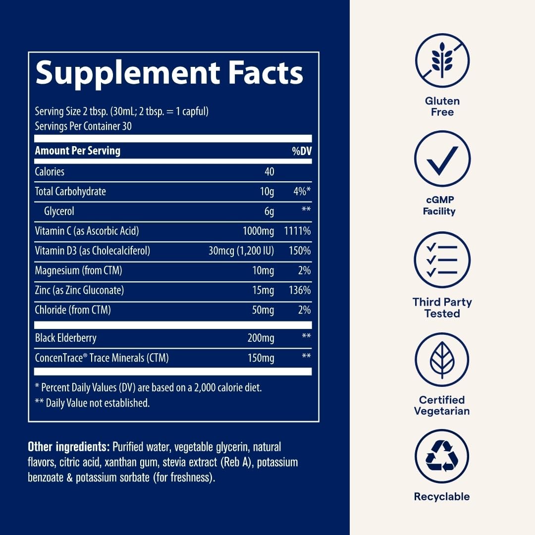 Trace Minerals Immunity+ ingredients list featuring elderberry and zinc for immune support.
