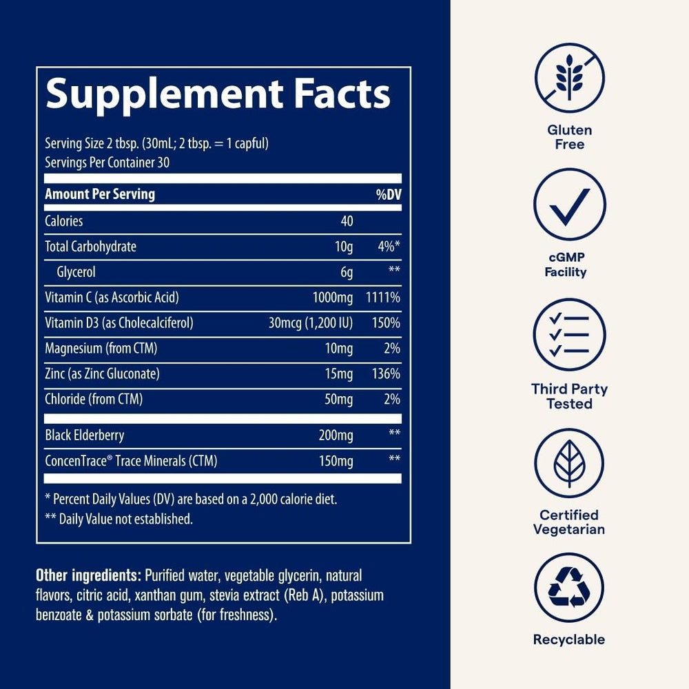 Trace Minerals Immunity+ ingredients list featuring elderberry and zinc for immune support.