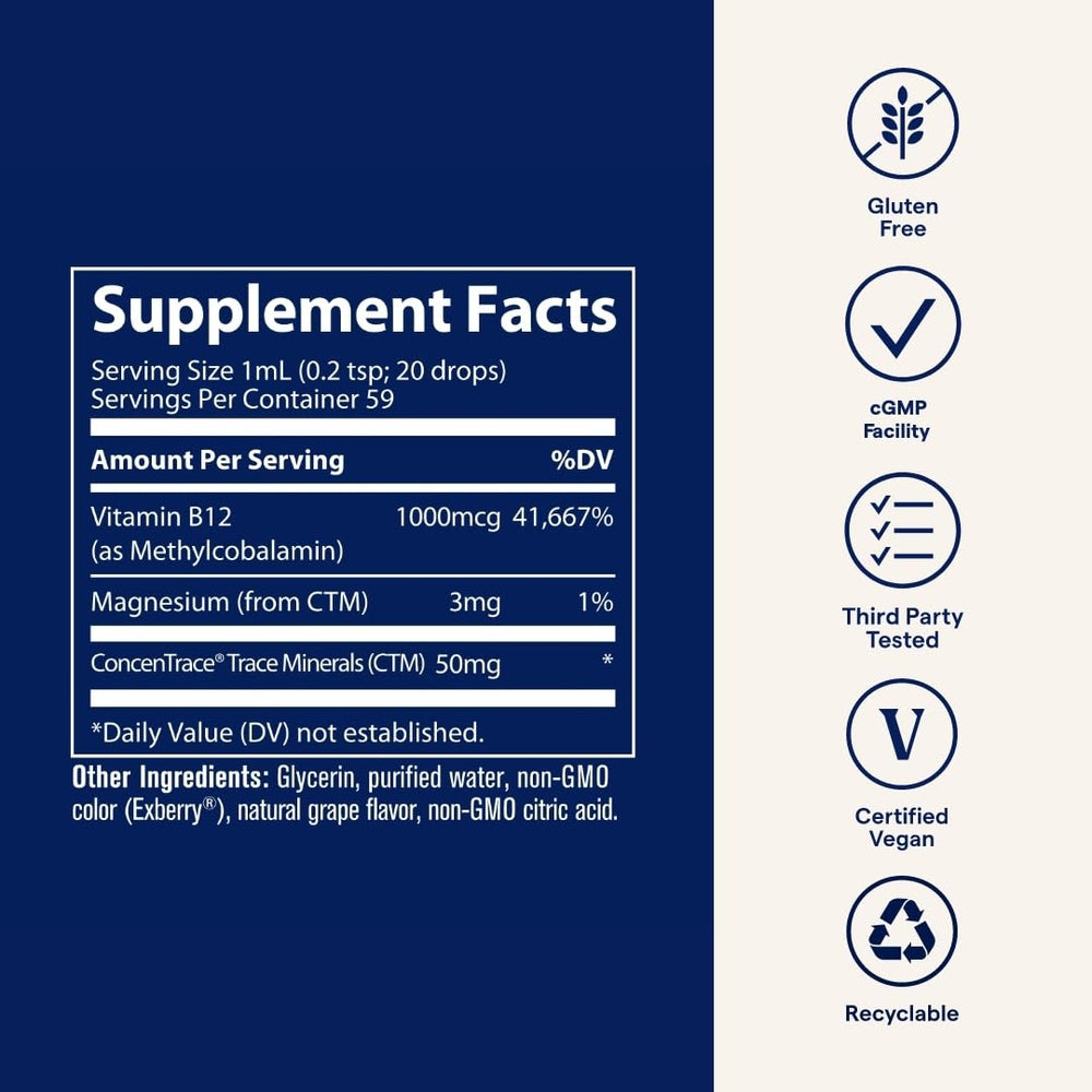 Trace Minerals Ionic B12 packaging highlights vegan and gluten-free formula