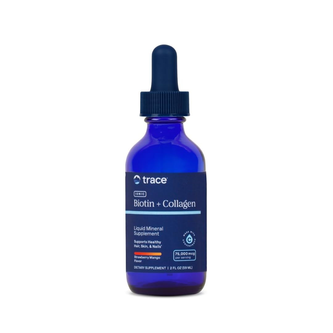 Trace Minerals Ionic Biotin + Collagen bottle showing strawberry mango flavor for hair and nails