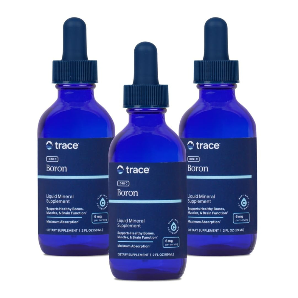 Trace Minerals Ionic Boron bottle with pour demonstrates easy daytime dosing for bone and joint support.