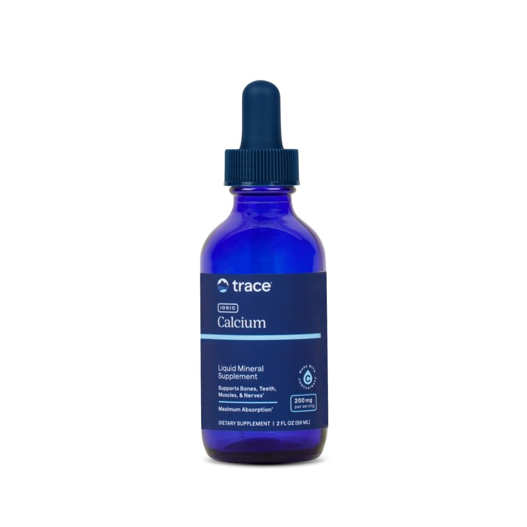 Trace Minerals Ionic Calcium bottle front shows vegan, gluten-free supplement for bone health.