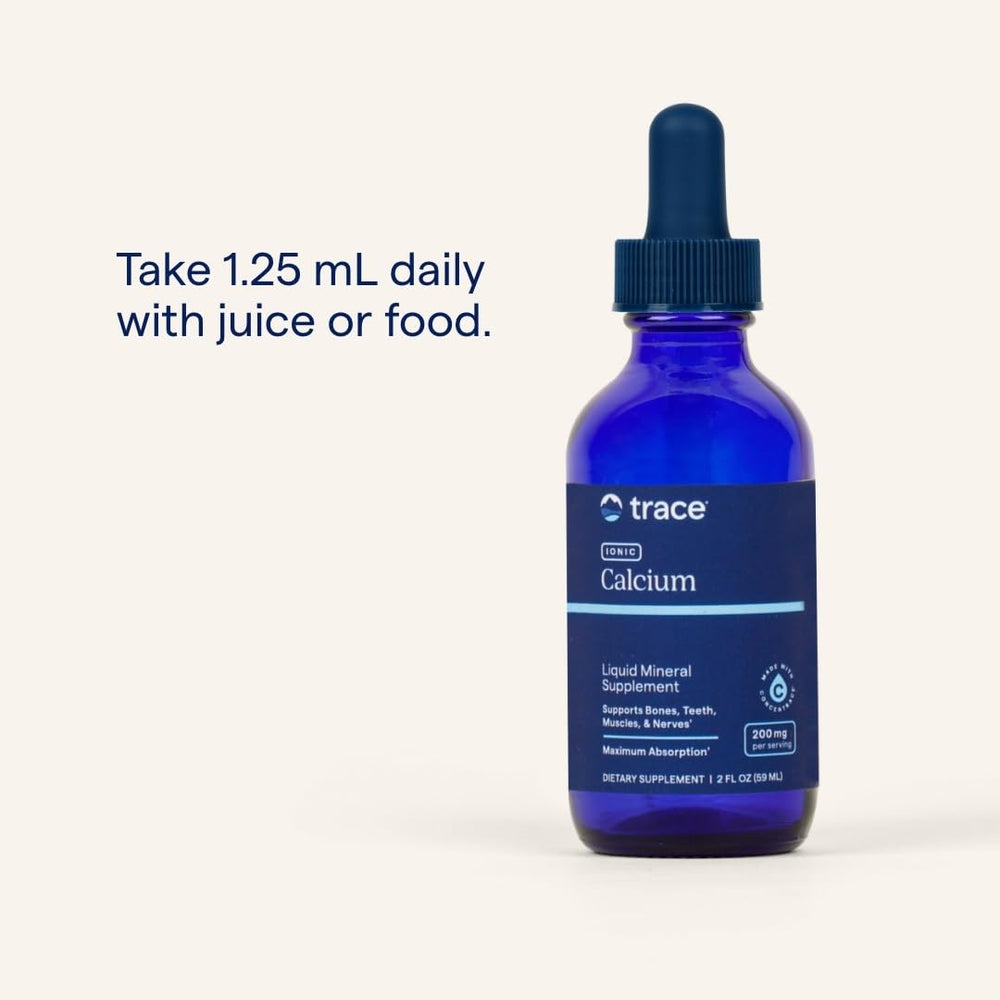 Trace Minerals Ionic Calcium bottle usage with juice shows simple daily dosing.