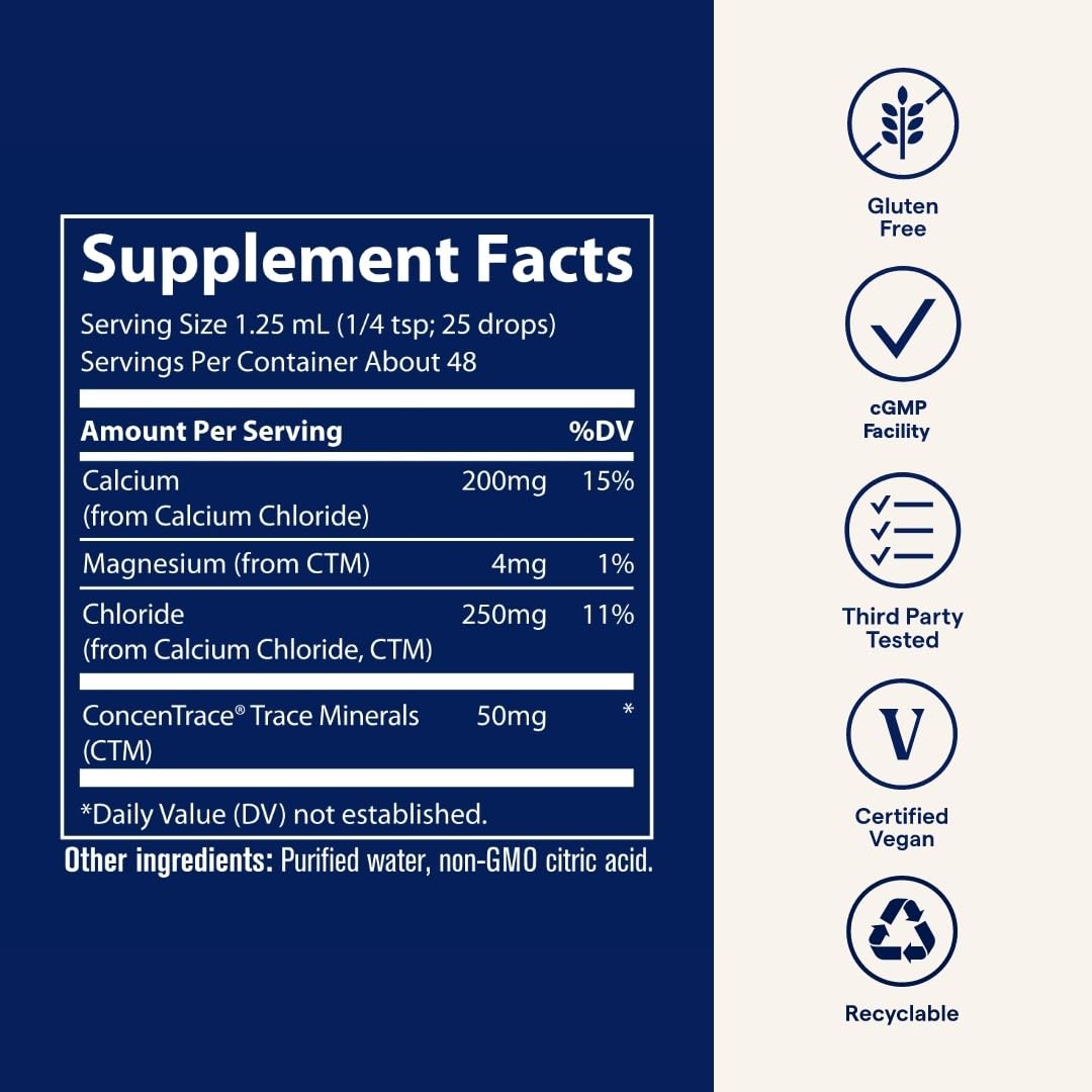 Trace Minerals Ionic Calcium vegan gluten-free label highlights diet-friendly mineral supplement.