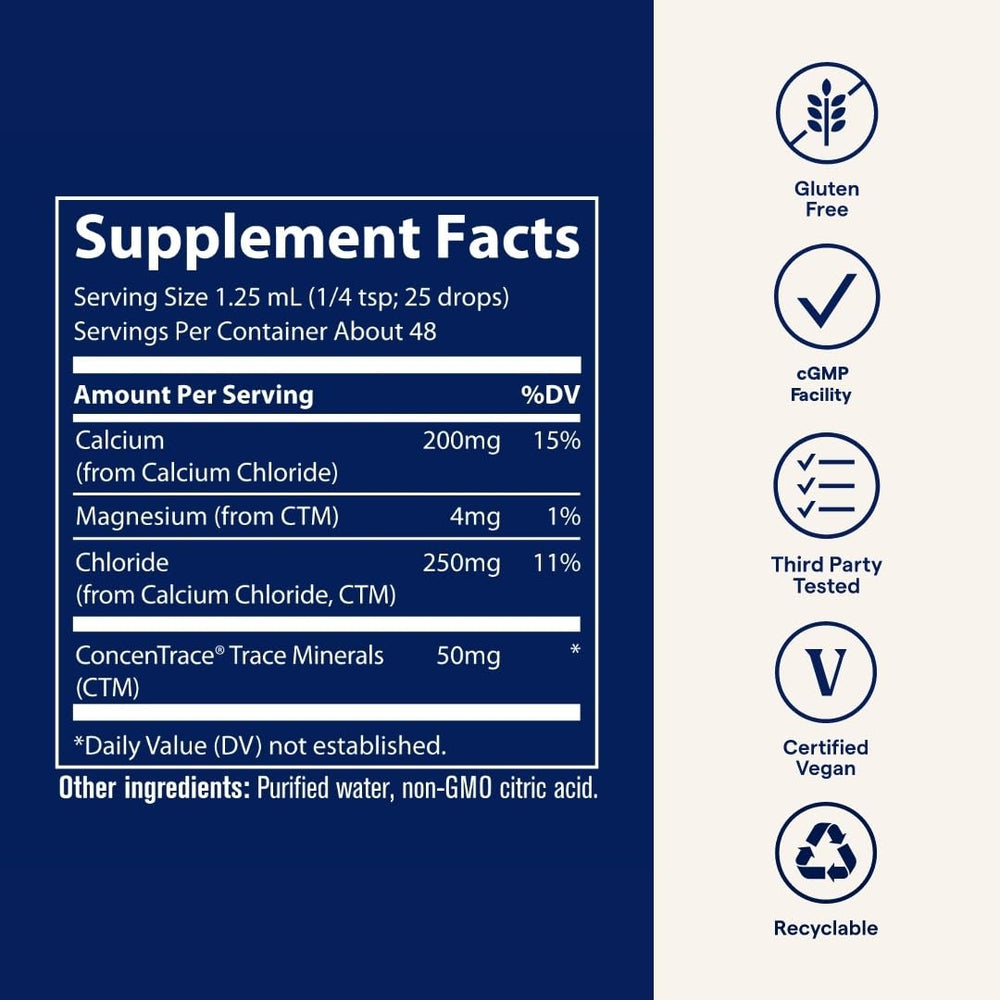 Trace Minerals Ionic Calcium vegan gluten-free label highlights diet-friendly mineral supplement.