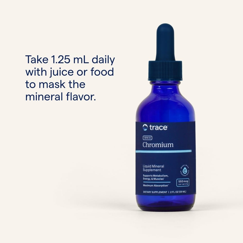 Trace Minerals Ionic Chromium Drops bottle with label highlighting vegan and gluten-free