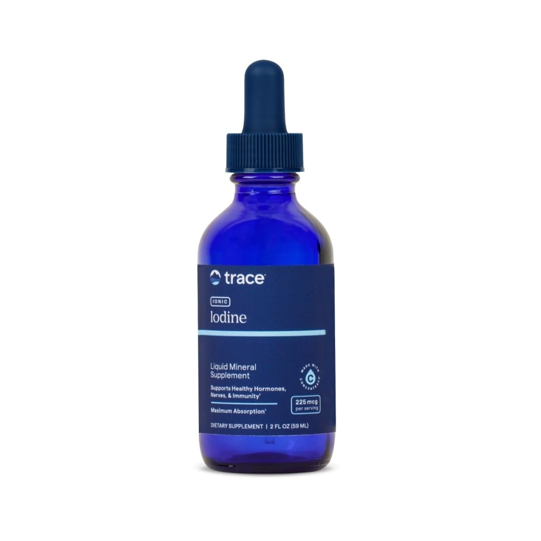 Trace Minerals Ionic Iodine bottle, convenient liquid for daily supplement use and balance.