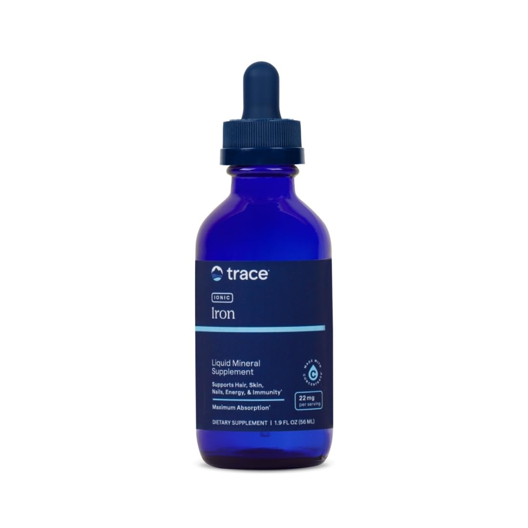 Trace Minerals Ionic Iron bottle on kitchen counter for daily energy support.