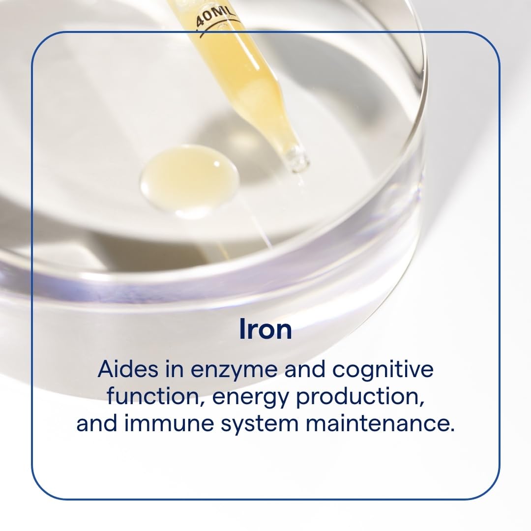 Trace Minerals Ionic Iron dropper dispensing into a glass for easy use.