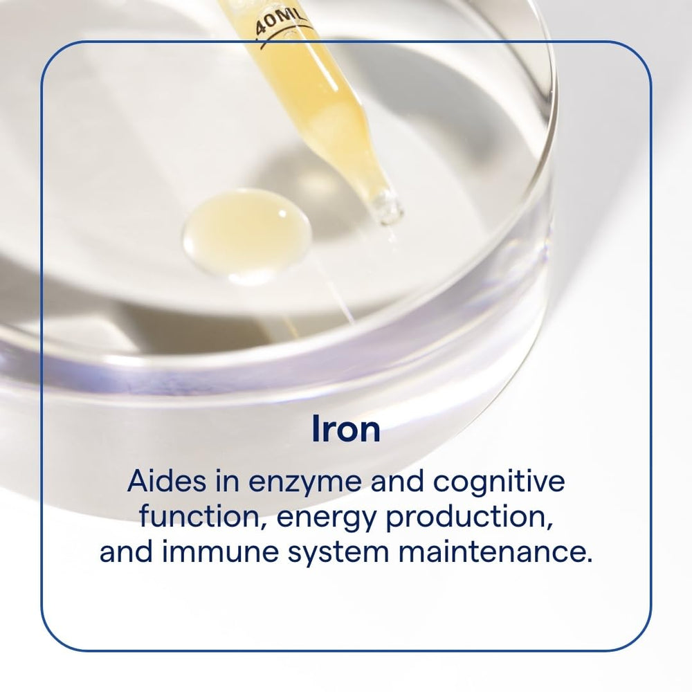 Trace Minerals Ionic Iron dropper dispensing into a glass for easy use.