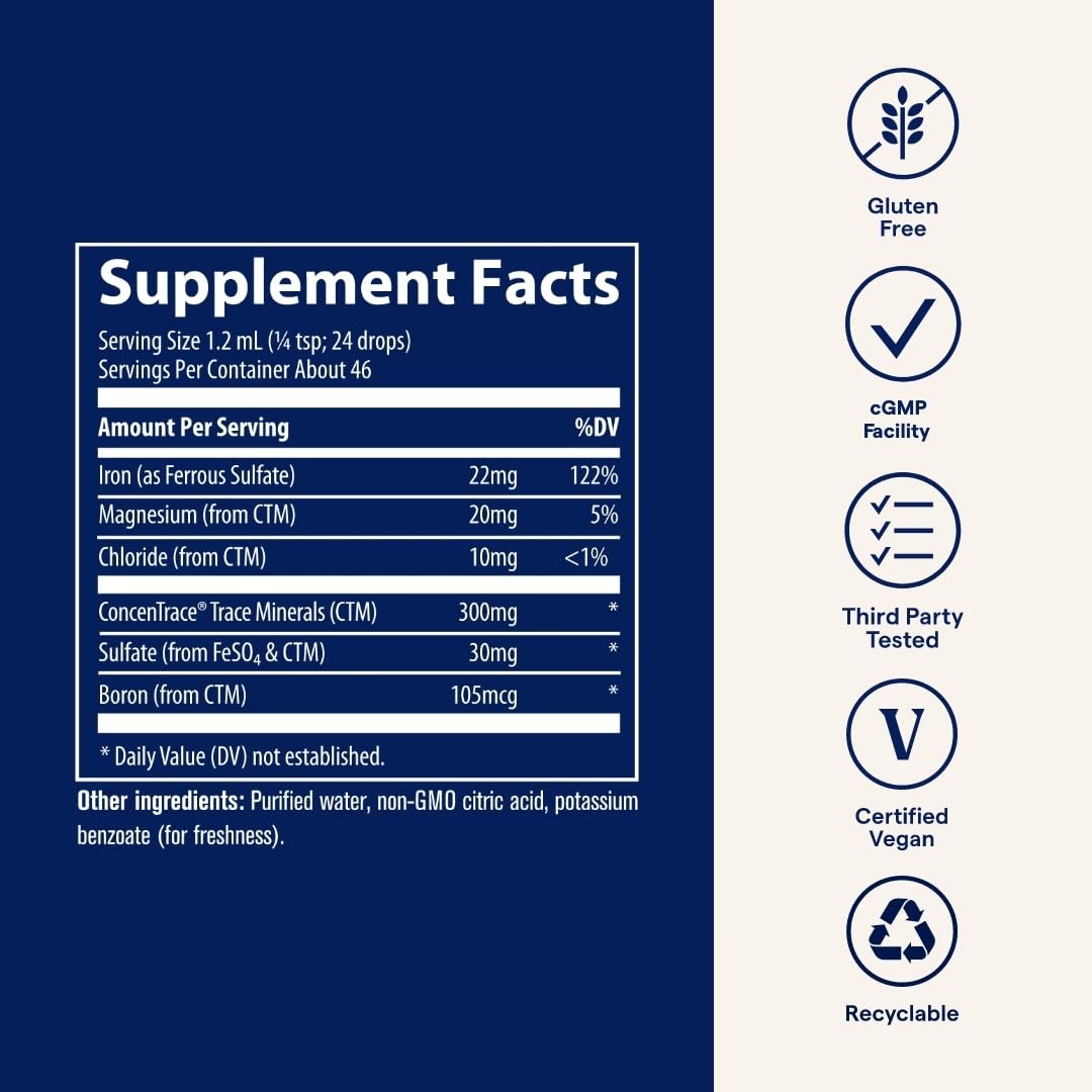 Trace Minerals Ionic Iron ingredient panel with 70+ ionic minerals.