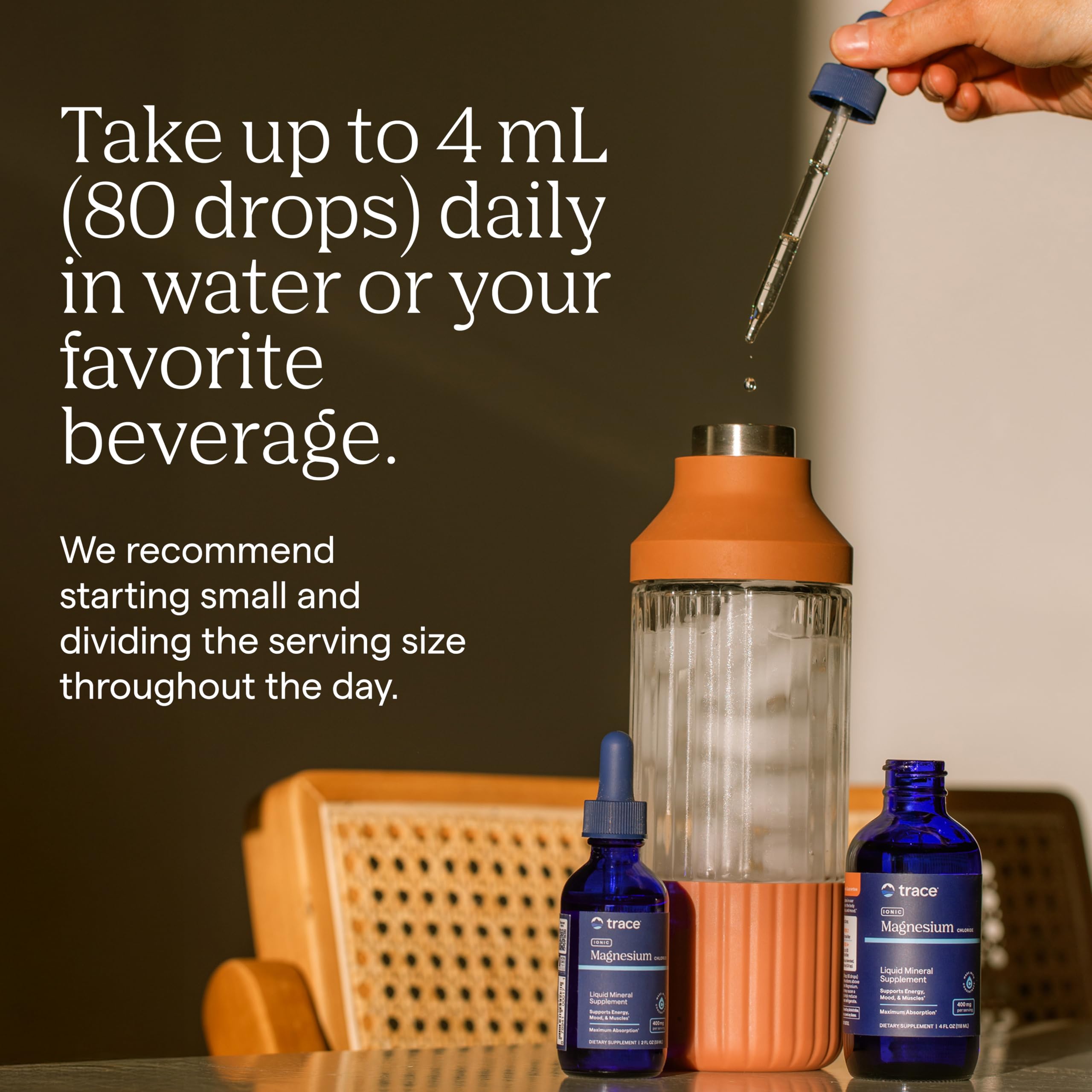 Trace Minerals Ionic Magnesium measuring dropper shows precise 4 mL doses.