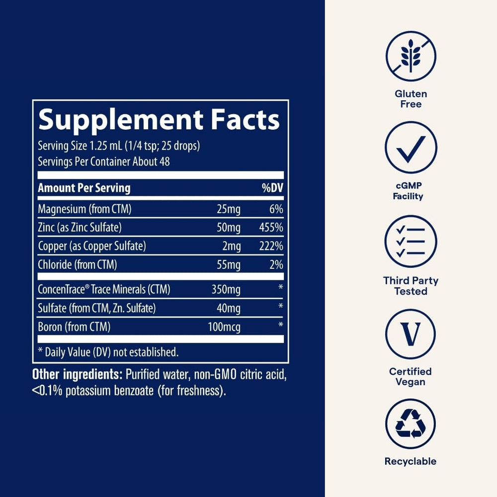 Trace Minerals Ionic Zinc Drops USA-sourced minerals emphasize sustainability and remineralization.