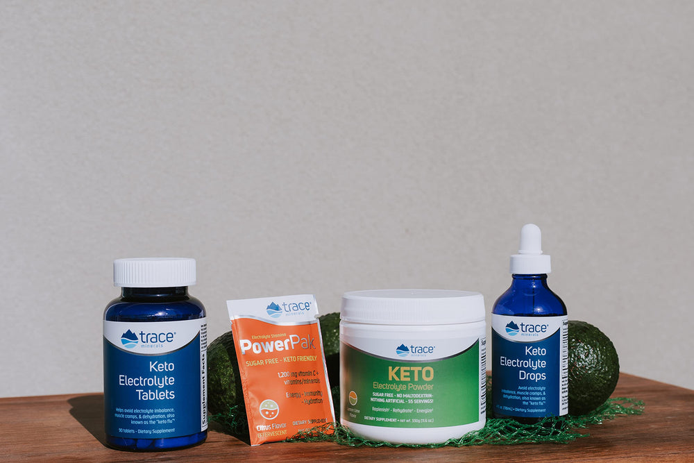 Trace Minerals Keto Electrolyte Drops label highlights gluten-free and vegan formula