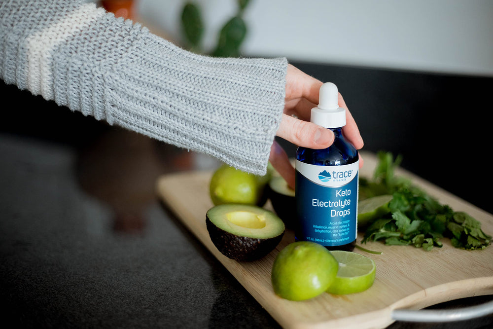 Trace Minerals Keto Electrolyte Drops in a sports bottle for active athletes