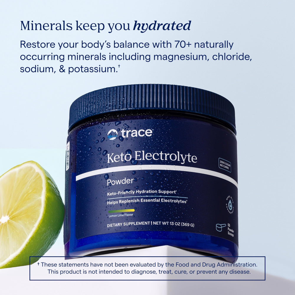 Trace Minerals Keto Electrolyte Powder canister close-up highlighting zero sugar