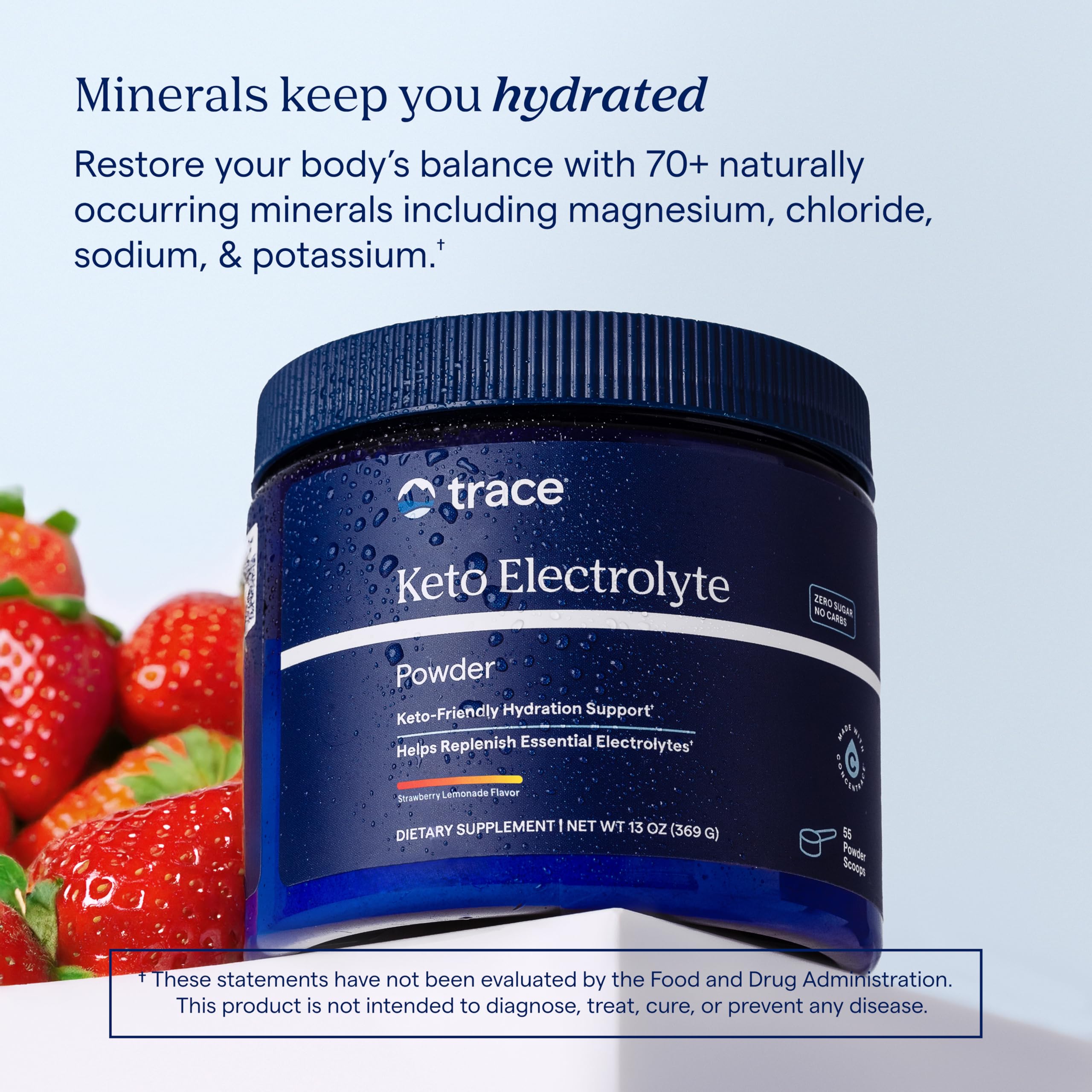 Trace Minerals Keto Electrolyte Powder dispensing into water demonstrates quick preparation.