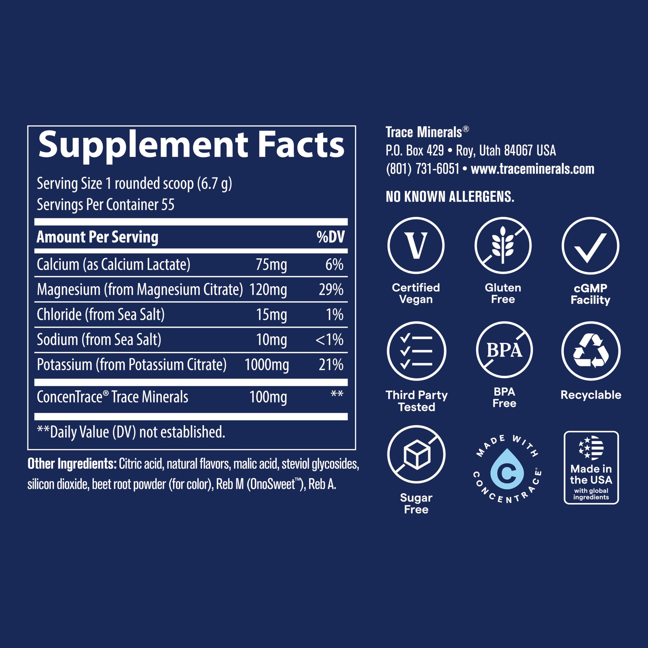Trace Minerals Keto Electrolyte Powder gluten-free vegan icon implies plant-based hydration support.