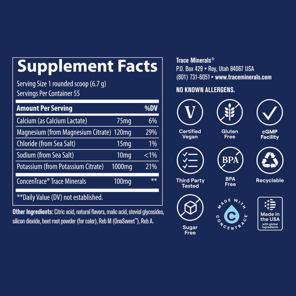 Trace Minerals Keto Electrolyte Powder gluten-free vegan icon implies plant-based hydration support.