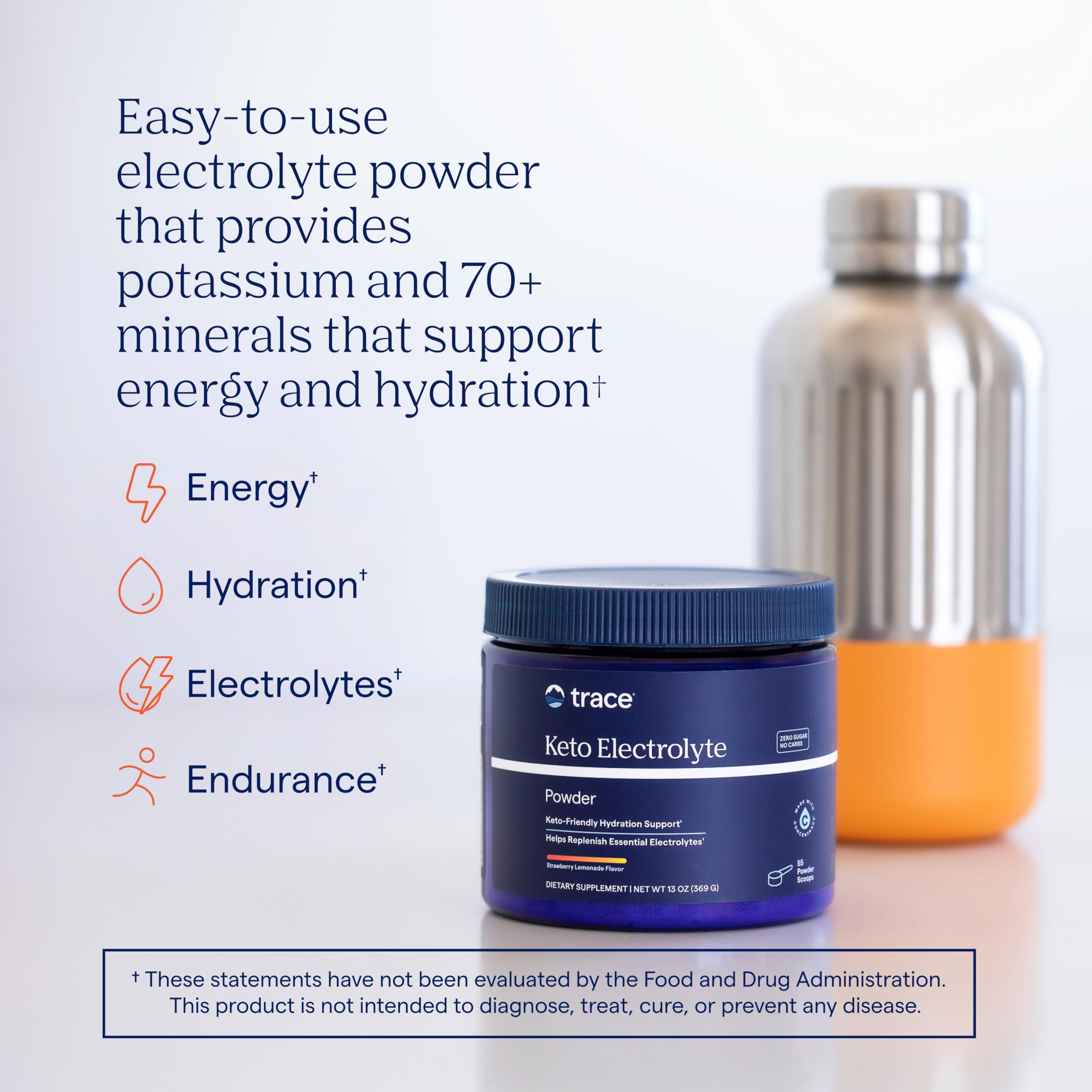 Trace Minerals Keto Electrolyte Powder scoop showing easy, on-the-go mixing.