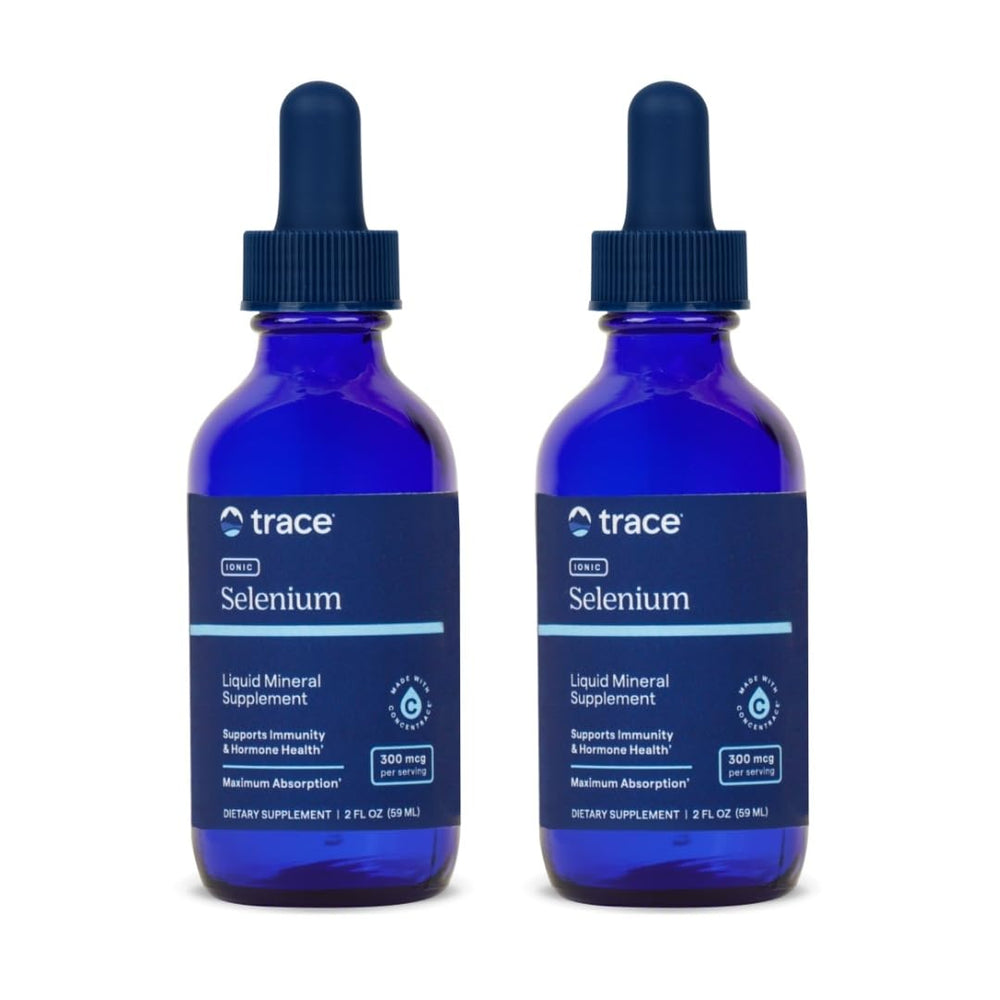Trace Minerals Liquid Ionic Selenium bottle closeup shows high-absorption formula for daily wellness.